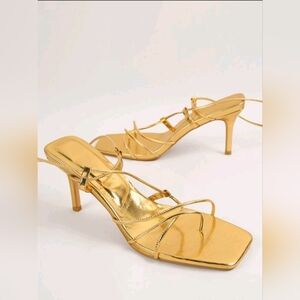 BRAND NEW/NEVER WORN Gold Square Toe Lace Up Ankle Strap Stiletto 3' Heels
